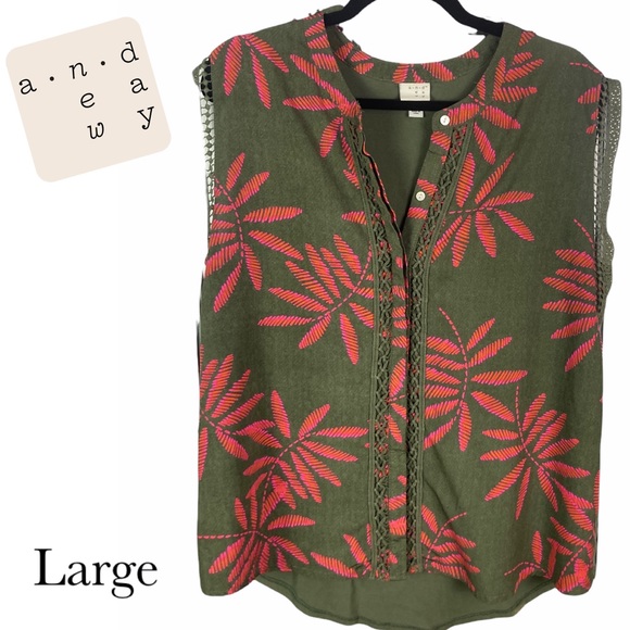 a new day Tops - A New Day Women's Boho Green & Pink Print Sleeveless Details Top size L